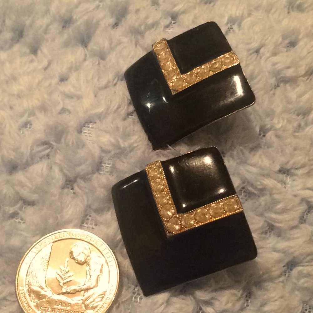 50s Clip earrings black enamel & Pave rhinestones - Picture 1 of 3